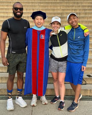 Young Joo and his co-leaders of November Project DC are celebrating his completion of the PHD program